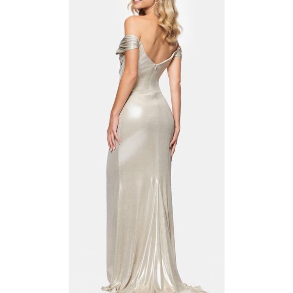 Betsy & Adam Champagne Glitter Knit Off-Shoulder Gown - 4 - Picture 2 of 7